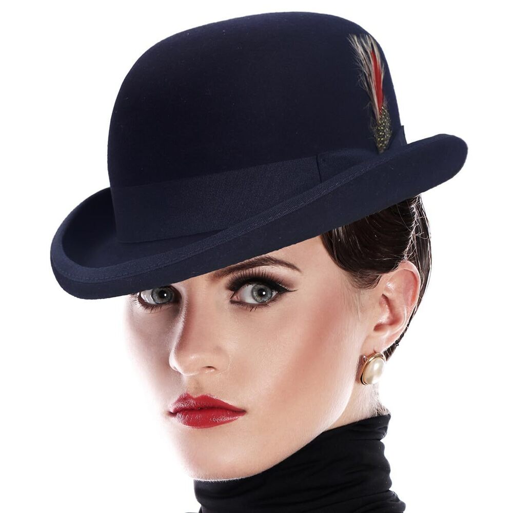 1281 Wool Fedora Hats Felt Church Bowler Derby Hat Navy,M